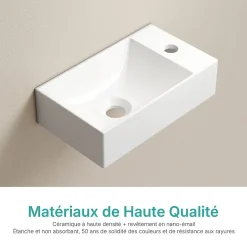 EMKE Lavabo Mural en Céramique 38x22x10cm, Blanc Brillant, Vasque Murale Carrée avec Trou pour Robinet* Lavabo
