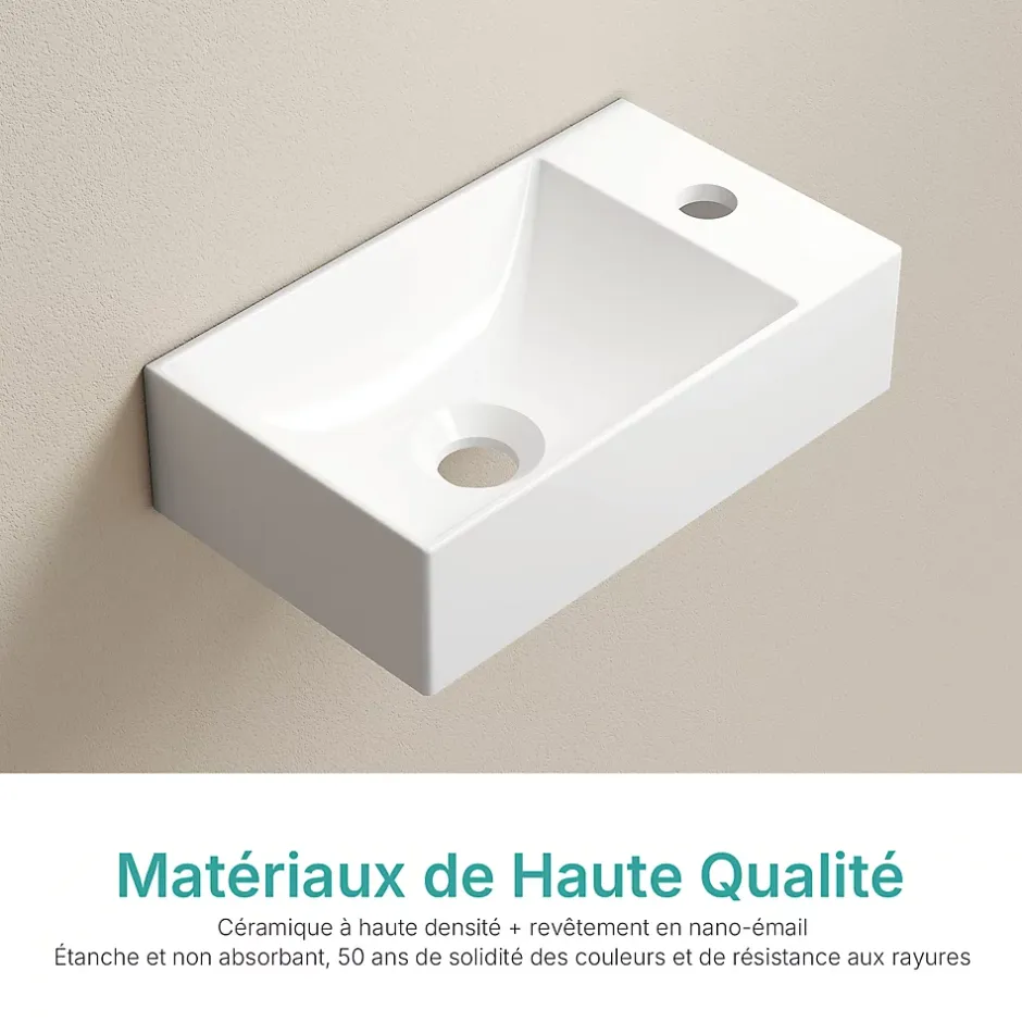 EMKE Lavabo Mural en Céramique 38x22x10cm, Blanc Brillant, Vasque Murale Carrée avec Trou pour Robinet* Lavabo