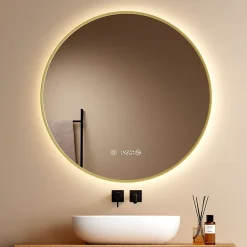 EMKE LED Miroir lumineux salle de bain rond 80cm Cadre Doré, Anti-buée, Horloge et Temperature, Lumière Neutre