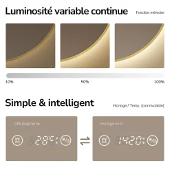 EMKE LED Miroir lumineux salle de bain rond 80cm Cadre Doré, Anti-buée, Horloge et Temperature, Lumière Neutre