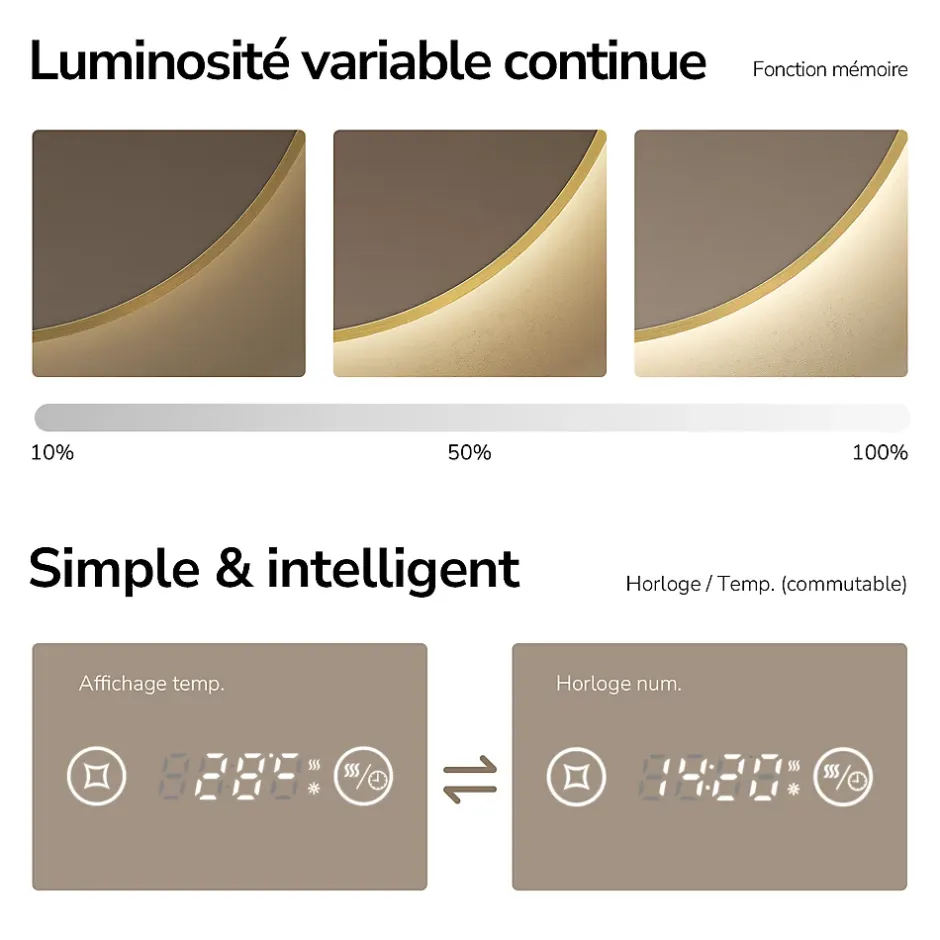 EMKE LED Miroir lumineux salle de bain rond 80cm Cadre Doré, Anti-buée, Horloge et Temperature, Lumière Neutre