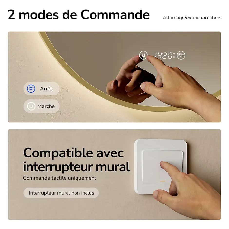 EMKE LED Miroir lumineux salle de bain rond 80cm Cadre Doré, Anti-buée, Horloge et Temperature, Lumière Neutre