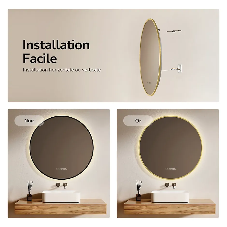 EMKE LED Miroir lumineux salle de bain rond 80cm Cadre Doré, Anti-buée, Horloge et Temperature, Lumière Neutre