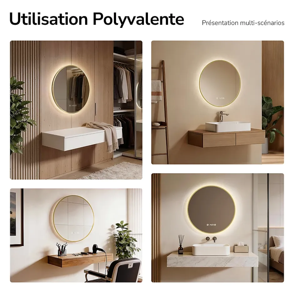 EMKE LED Miroir lumineux salle de bain rond 80cm Cadre Doré, Anti-buée, Horloge et Temperature, Lumière Neutre