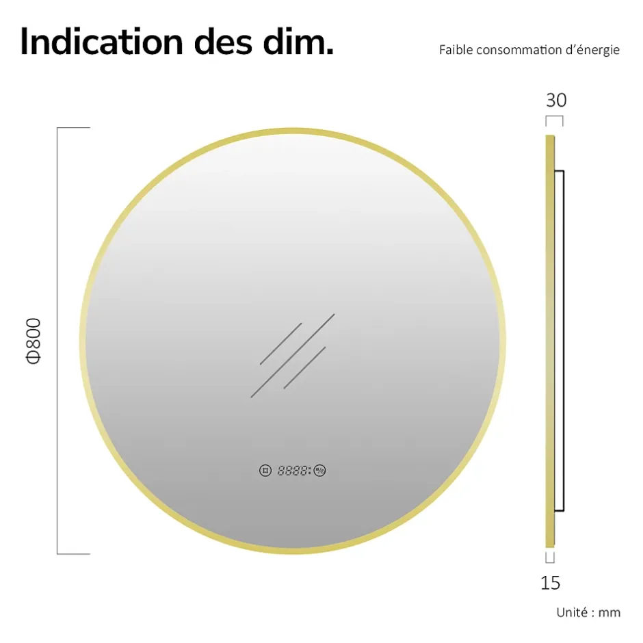 EMKE LED Miroir lumineux salle de bain rond 80cm Cadre Doré, Anti-buée, Horloge et Temperature, Lumière Neutre