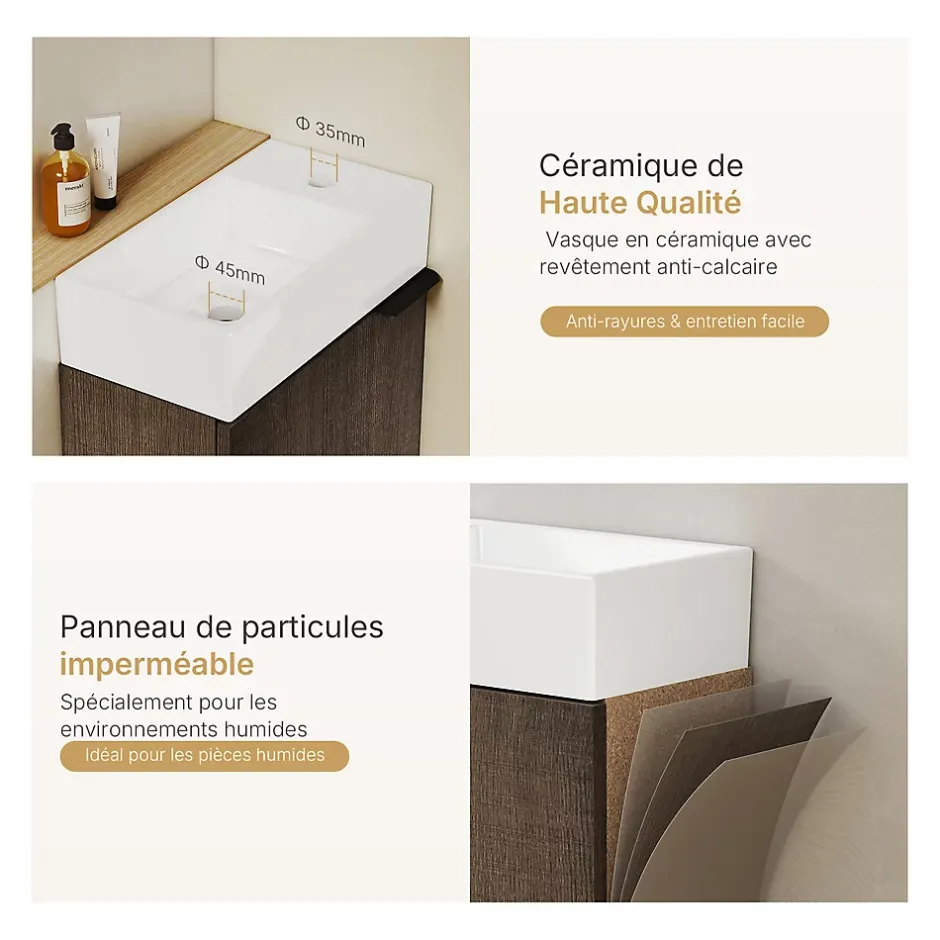 EMKE Meuble de Salle de Bain Murale, Vasque Blanche, Finition Chêne Fumé, Étagère réglable, Portes Soft-Close, Design Moderne* Meuble Vasque