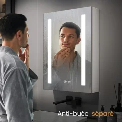 EMKE Meuble de Salle de Bain avec Miroir, Porte Soft-Close, LED Réglable, Prise USB, Anti-Buée, Charnière Gauche* Armoire De Toilette