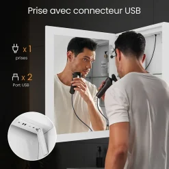 EMKE Meuble de Salle de Bain avec Miroir, Porte Soft-Close, LED Réglable, Prise USB, Anti-Buée, Charnière Gauche* Armoire De Toilette