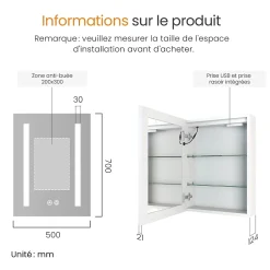 EMKE Meuble de Salle de Bain avec Miroir, Porte Soft-Close, LED Réglable, Prise USB, Anti-Buée, Charnière Gauche* Armoire De Toilette
