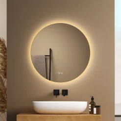 EMKE Miroir de Salle de Bain 50 cm Rond avec Éclairage LED, Dimmable, Touch Switch, 3 Lumière Couleurs, IP44
