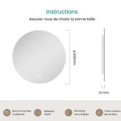EMKE Miroir de Salle de Bain 50 cm Rond avec Éclairage LED, Dimmable, Touch Switch, 3 Lumière Couleurs, IP44