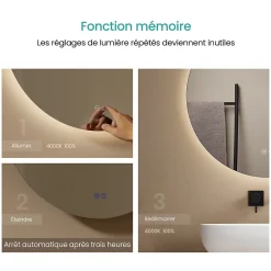 EMKE Miroir de Salle de Bain 50 cm Rond avec Éclairage LED, Dimmable, Touch Switch, 3 Lumière Couleurs, IP44