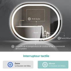 EMKE Miroir lumineux salle de bain ovale 80x60cm, Interrupteur Tactile, Anti-buée, LED éclairage Lumière Froide/Chaude/Neutre