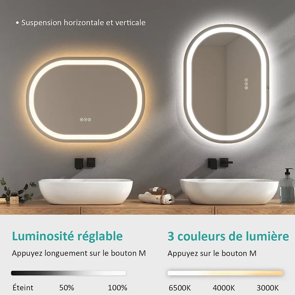 EMKE Miroir lumineux salle de bain ovale 80x60cm, Interrupteur Tactile, Anti-buée, LED éclairage Lumière Froide/Chaude/Neutre