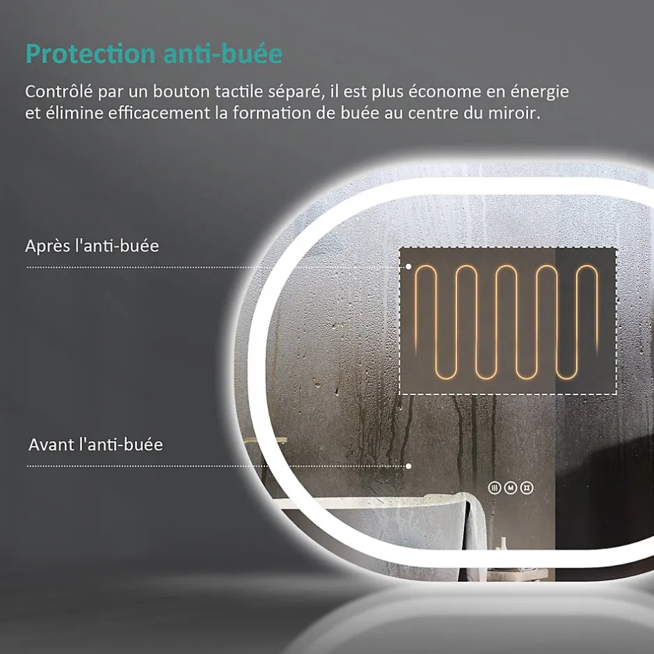 EMKE Miroir lumineux salle de bain ovale 80x60cm, Interrupteur Tactile, Anti-buée, LED éclairage Lumière Froide/Chaude/Neutre