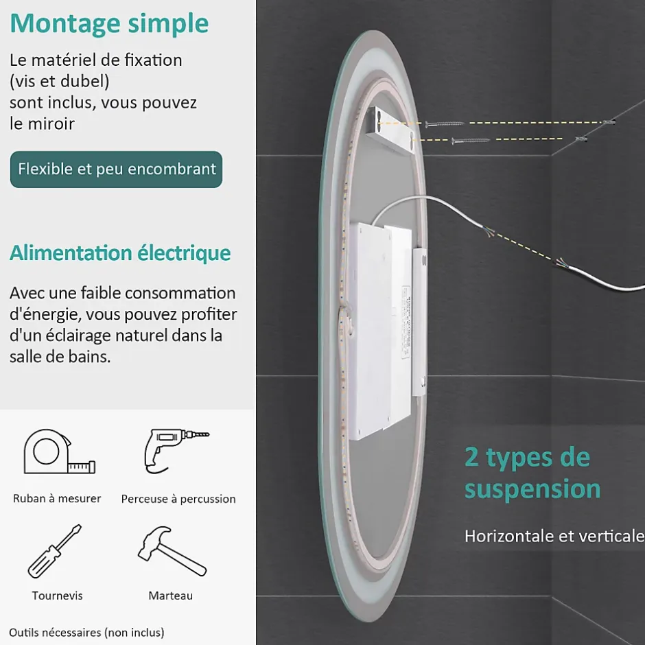 EMKE Miroir lumineux salle de bain ovale 80x60cm, Interrupteur Tactile, Anti-buée, LED éclairage Lumière Froide/Chaude/Neutre