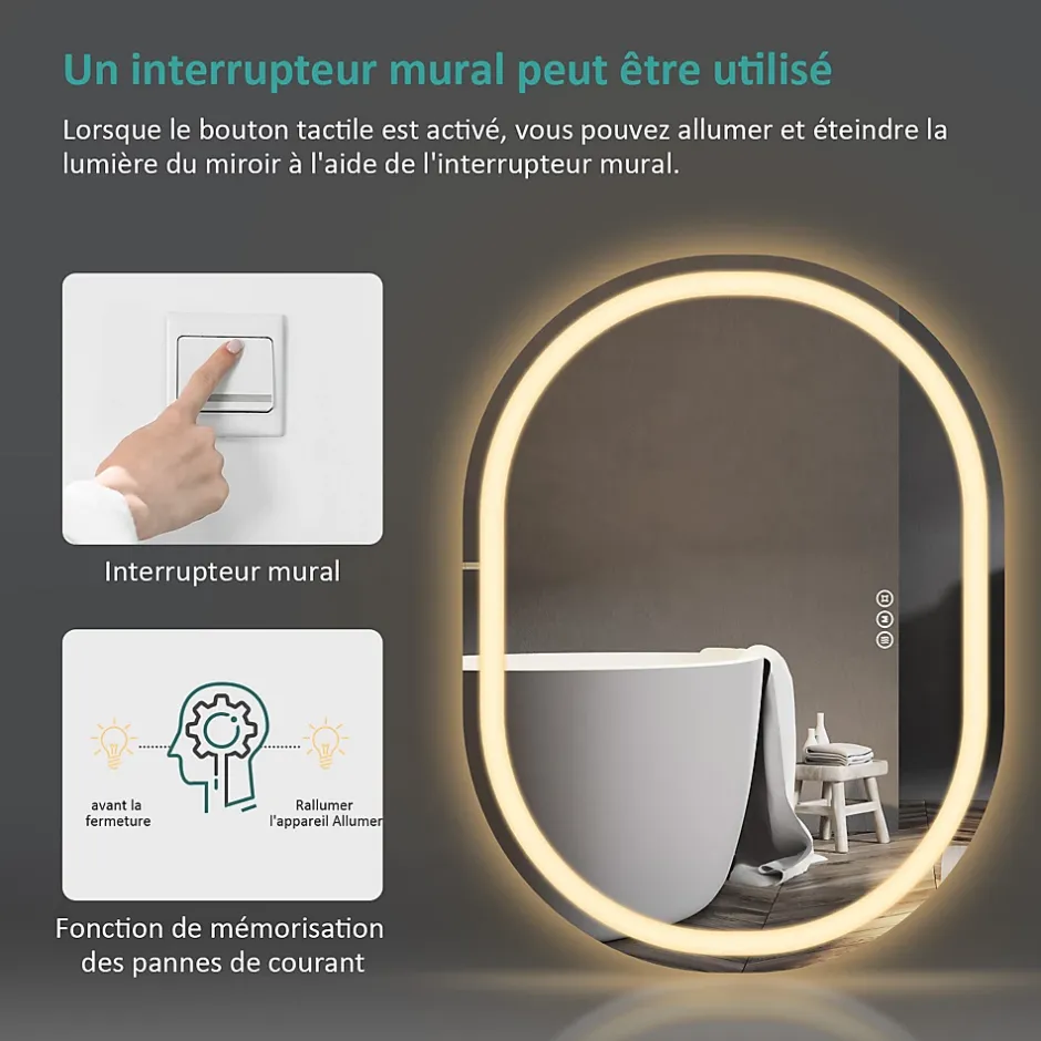 EMKE Miroir lumineux salle de bain ovale 80x60cm, Interrupteur Tactile, Anti-buée, LED éclairage Lumière Froide/Chaude/Neutre