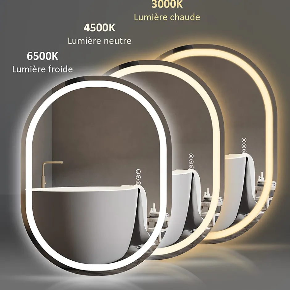 EMKE Miroir lumineux salle de bain ovale 80x60cm, Interrupteur Tactile, Anti-buée, LED éclairage Lumière Froide/Chaude/Neutre