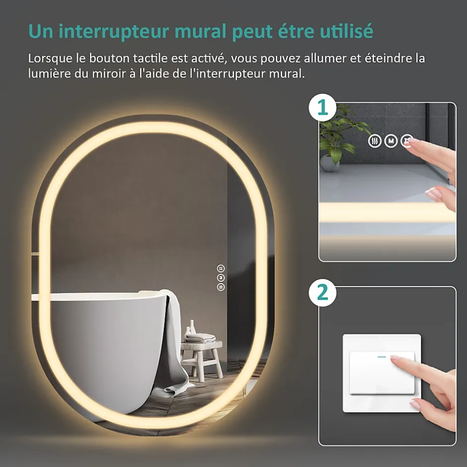 EMKE Miroir lumineux salle de bain ovale 80x60cm, Interrupteur Tactile, Anti-buée, LED éclairage Lumière Froide/Chaude/Neutre