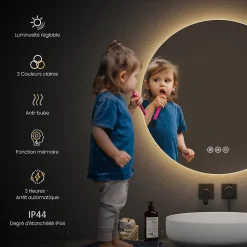 EMKE Miroir lumineux salle de bain rond 80cm, rétro-éclairage, Interrupteur Tactile, Anti-buée, LED Lumière Froide/Neutre/Chaude