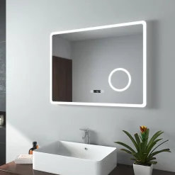 EMKE Miroir lumineux salle de bain 80x60cm,Interrupteur Tactile, Anti-buée, 3x Grossissement, Horloge,LED Lumière Blanche Froide
