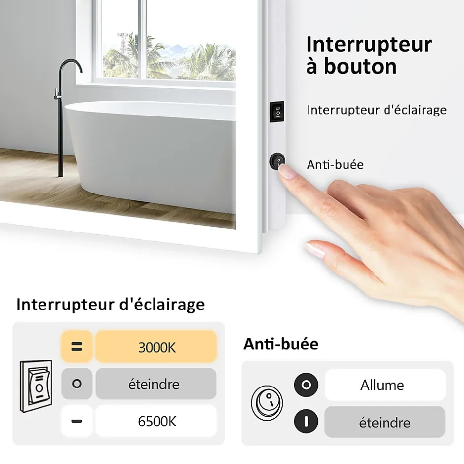 EMKE Miroir lumineux salle de bain 120x60cm, Miroir LED avec Interrupteur à bouton, Anti-buée, lumière Blanche Froide/Chaude* Miroir Lumineux