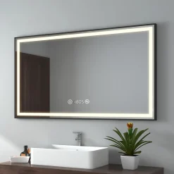 EMKE Miroir lumineux salle de bain 120x70cm,cadre noir,Interrupteur Tactile, Anti-buée, Horloge et Température, LED Lumière Neutre
