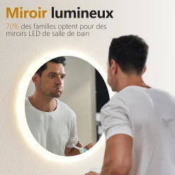 EMKE Miroir lumineux salle de bain rond diamètre 60cm, Miroir LED avec Interrupteur Tactile, Anti-buée, 3 couleurs de Lumières