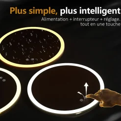 EMKE Miroir lumineux salle de bain rond diamètre 60cm, Miroir LED avec Interrupteur Tactile, Anti-buée, 3 couleurs de Lumières