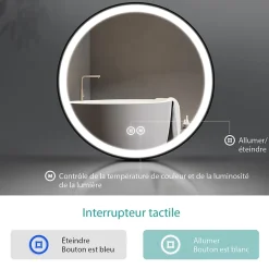 EMKE Miroir lumineux salle de bain rond 60cm cadre noir, Sangle réglable, Interrupteur Tactile, LED Lumière Froide/Chaude/Neutre