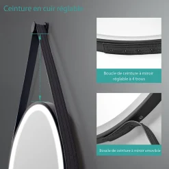 EMKE Miroir lumineux salle de bain rond 60cm cadre noir, Sangle réglable, Interrupteur Tactile, LED Lumière Froide/Chaude/Neutre