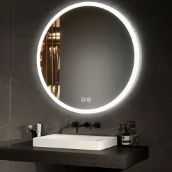 EMKE Miroir lumineux salle de bain rond diamètre 80cm, Miroir LED avec Interrupteur Tactile, Anti-buée, 3 couleurs de Lumières* Miroir Lumineux