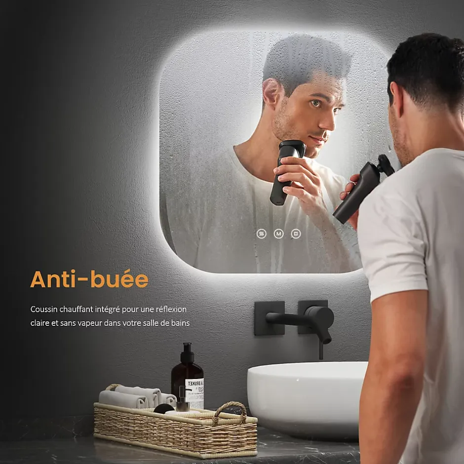 EMKE Miroir lumineux salle de bain sans cadre 60x60cm , Interrupteur Tactile, Anti-buée, LED Lumière Blanche Froide/Neutre/Chaude