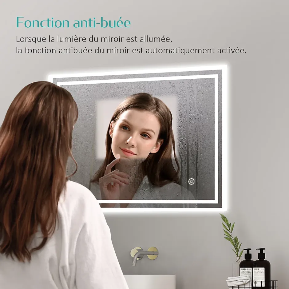 EMKE Miroir lumineux salle de bain 50x60cm, Miroir LED avec l'éclairage, Interrupteur Tactile, Anti-buée, Lumière Blanche Froide