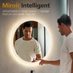 EMKE Miroir lumineux salle de bain rond diamètre 50cm, Miroir LED avec Interrupteur Tactile, Anti-buée, 3 couleurs de Lumières* Miroir Lumineux