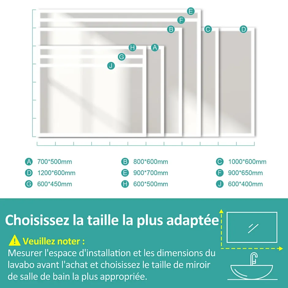 EMKE Miroir lumineux salle de bain 70x50cm, Miroir LED avec Interrupteur Tactile, 6500K, Dimmable* Miroir Lumineux