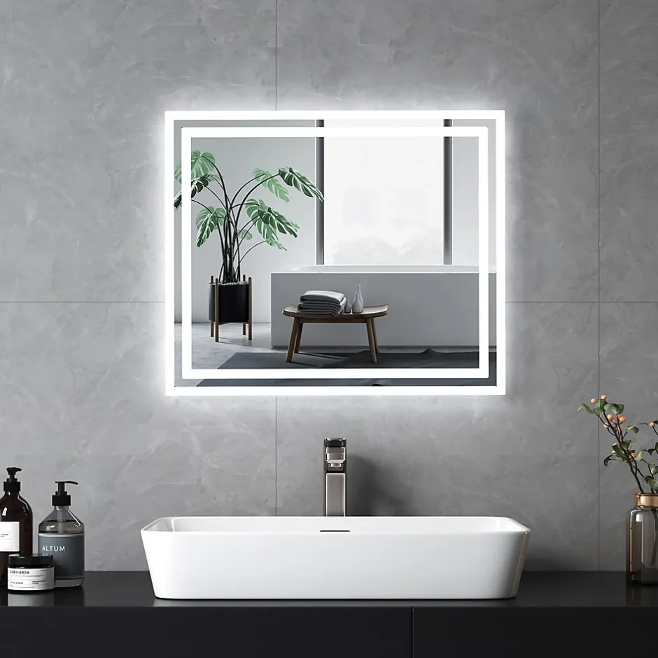 EMKE Miroir lumineux salle de bain 60x50cm,Miroir LED avec Interrupteur à bouton,Anti-buée,éclairage lumière Blanche Froide/Chaude
