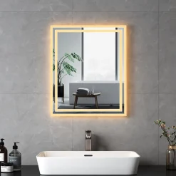 EMKE Miroir lumineux salle de bain 60x50cm,Miroir LED avec Interrupteur à bouton,Anti-buée,éclairage lumière Blanche Froide/Chaude