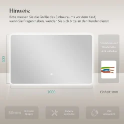 EMKE Miroir lumineux salle de bain Rétro-éclairage 100x60cm, Miroir LED avec Interrupteur Tactile, lumière blanche froide* Miroir Lumineux