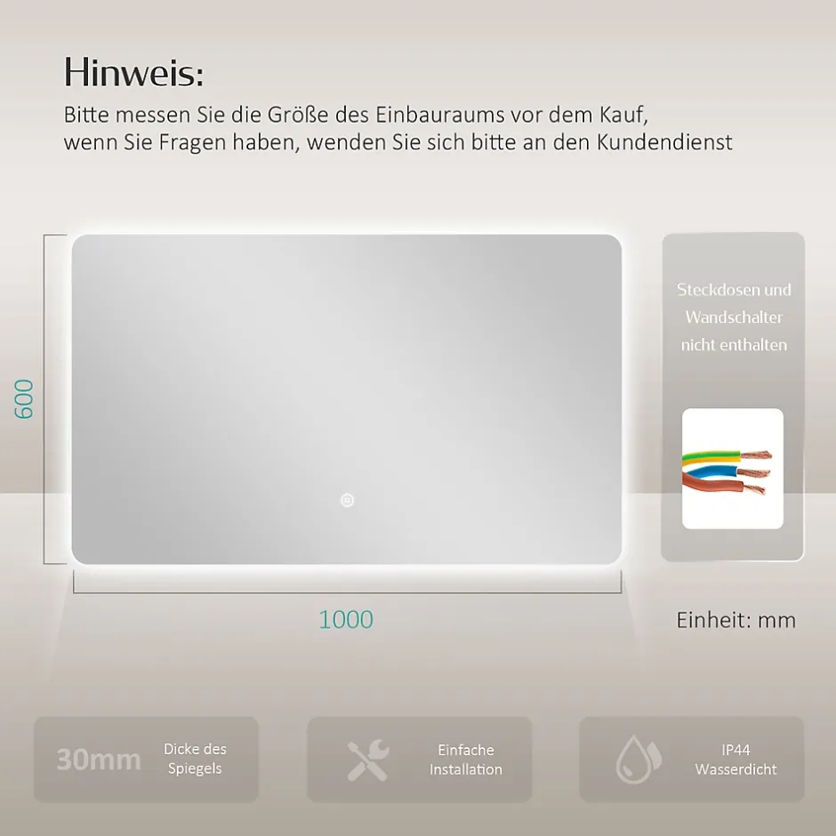 EMKE Miroir lumineux salle de bain Rétro-éclairage 100x60cm, Miroir LED avec Interrupteur Tactile, lumière blanche froide* Miroir Lumineux