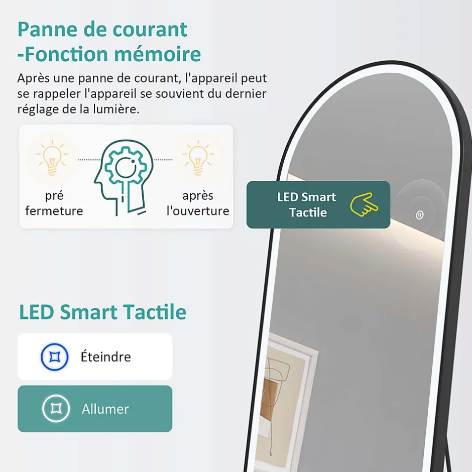 EMKE Miroir pleine longueur avec éclairage LED, lumière variable, dimmable, 160 x 60 cm, interrupteur tactile, noir