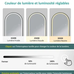 EMKE Miroir pleine longueur avec éclairage LED, lumière variable, dimmable, 160 x 60 cm, interrupteur tactile, noir