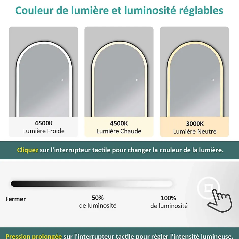 EMKE Miroir pleine longueur avec éclairage LED, lumière variable, dimmable, 160 x 60 cm, interrupteur tactile, noir
