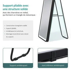 EMKE Miroir pleine longueur avec éclairage LED, lumière variable, dimmable, 160 x 60 cm, interrupteur tactile, noir