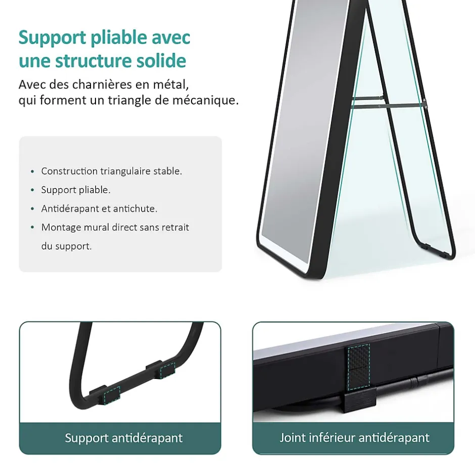 EMKE Miroir pleine longueur avec éclairage LED, lumière variable, dimmable, 160 x 60 cm, interrupteur tactile, noir