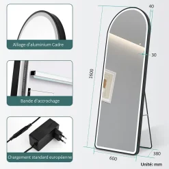EMKE Miroir pleine longueur avec éclairage LED, lumière variable, dimmable, 160 x 60 cm, interrupteur tactile, noir