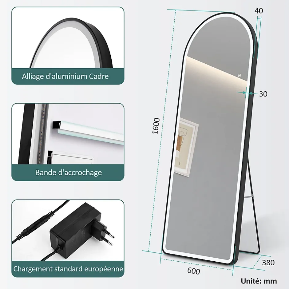 EMKE Miroir pleine longueur avec éclairage LED, lumière variable, dimmable, 160 x 60 cm, interrupteur tactile, noir
