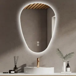 EMKE Miroir Salle de Bain avec Éclairage 80x60cm,Asymétrique,Interrupteur Tactile, 3 Couleurs de LED Lumière Réglables, Anti-Buée* Miroir Lumineux