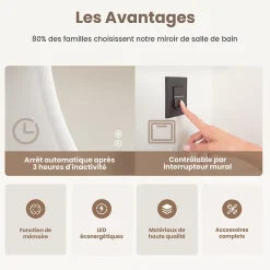 EMKE Miroir Salle de Bain avec Éclairage 80x60cm,Asymétrique,Interrupteur Tactile, 3 Couleurs de LED Lumière Réglables, Anti-Buée* Miroir Lumineux