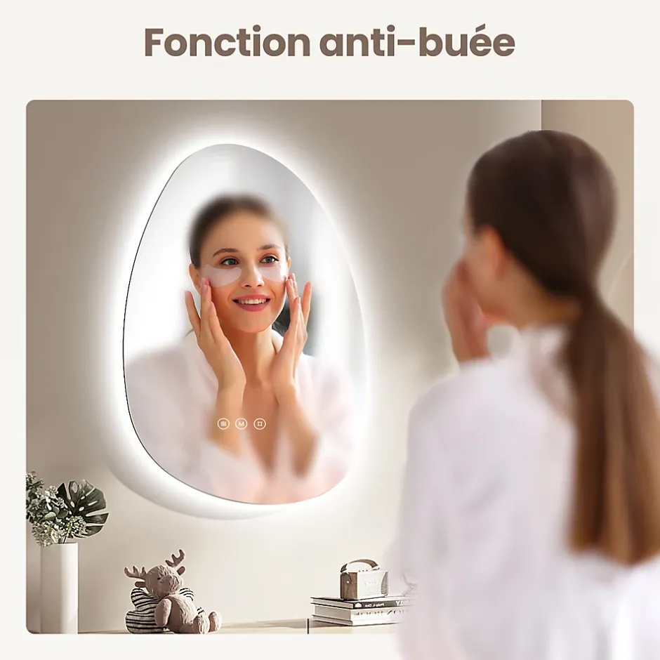 EMKE Miroir salle de bain avec éclairage, asymétrique, anti-buée, interrupteur tactile, 3 couleurs de lumière réglable, 75 x 55 cm